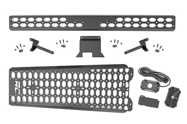 Stay Organized. You shouldn't be penalized for being prepared to tackle the road less traveled. Efficiency is key when preparing for your next big adventure and we are pulling out all of the stops to ensure that your vehicle works for you. At Rough Country, we keep the adventurist in mind and have created a modern solution. Introducing Rough Country's Molle Panel System for Ford Bronco!\
Durable Components. Whether your rig is a workhorse or an off-road overlander, this kit can be customized to get the job done. This modern solution easily secures overhead allowing endless attachment points to keep your necessities close. Rough Country's Molle Rack system is constructed of heavy-duty 1/8" thick steel and is coated with a durable powder coat finish!\
Installation and Warranty. Best of all, Rough CountryΓÇÖs Molle kit is a ready-to-install system with excellent fitment for your Ford Bronco right out of the box. Rough Country's Molle Panel Kit is easy to install and includes all the necessary hardware, making it a great option for those who want to do the job themselves. With an estimated installation time of 1-2 hours, this kit is a bolt-on installation that can be completed at home. You also get peace of mind knowing that your purchase comes with a limited lifetime replacement warranty for manufacturer defects. With Rough Country's industry-leading warranty, you can be sure that your Rough Country molle panel kit is protected from structural and workmanship damage after the date of purchase.