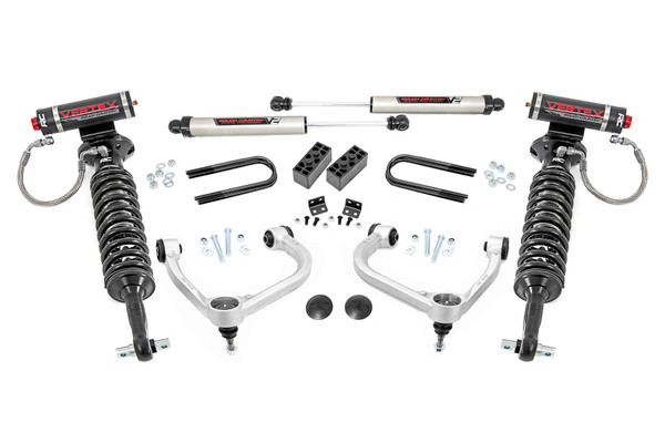 Elevate your ride with Rough Country's 3-inch Bolt-On Lift Kit-engineered for easy installation, aggressive styling, and unbeatable performance. This premium lift kit delivers enhanced ground clearance, a leveled stance, and smooth ride quality, making it the perfect upgrade for your ninth-generation Ford F-150.Premium Construction for Maximum Durability: Built for strength and performance, this kit features forged aluminum upper control arms that enhance suspension durability while optimizing ball joint angles to minimize wear and tear. Durable rubber bushings provide a smoother ride and extended lifespan, ensuring long-term reliability. Rear lift blocks complete the setup, allowing you to fit up to 34-inch tires while maintaining a clean, level stance from front to rear.Hassle-Free, Bolt-On Installation: Designed for a seamless upgrade, this kit requires no cutting or drilling and can be installed with basic tools in a home garage. It's fully reversible, so you can return your truck to stock at any time. Plus, it's compatible with all Rough Country shock and strut options, from nitrogen-charged N3 shocks to premium Vertex reservoirs, letting you dial in your ride quality.Backed by a Limited Lifetime Warranty: Rough Country stands behind the quality of its products. This lift kit comes with a limited lifetime replacement warranty, giving you peace of mind against structural and workmanship defects.Upgrade your Ford F-150 today with Rough Country's 3-inch Bolt-On Lift Kit and experience superior performance on and off the road!