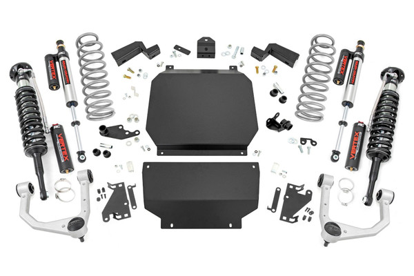 Set your Tundra apart from the pack. Give your new Tundra impressive good looks and more ground clearance with Rough Country's 3.5" Lift kit. Here at Rough Country we are overcoming the age-old problem of the nose-down look from the factory. With our 3.5" suspension lift kit you will not only have the option to run larger sized tires but will lift and level you vehicle ensuing to catch the gaze of onlookers.\
Innovative Design. Rough CountryΓÇÖs 3.5-inch Bolt-On Kit features a set of high-quality, Forged Aluminum Upper Control Arms designed to make alignment adjustments easier and durable rubber bushings. These arms are designed to promote a factory-like geometry by keeping the ball joint at optimum angles after lifting. This design allows for an improved, greater range of motion from the ball joint, with less stress, wear and tear. Each unit is shipped complete ensuring that all components needed for installation are included.\
Installation. Featuring a 100% bolt-on installation process, installation couldn't be easier. With an estimated timeframe of 4-6 hours this full kit can be installed at home using standard tools and can be completed efficiently and quickly!\
Lifetime Replacement Warranty. Rough Country's 3.5" Lift Kit is backed with a lifetime replacement warranty towards manufacturer defects. As such, the product is protected from structural and workmanship damage after the date of purchase. With our industry-leading warranty give yourself peace of mind when using Rough Country's Suspension products!