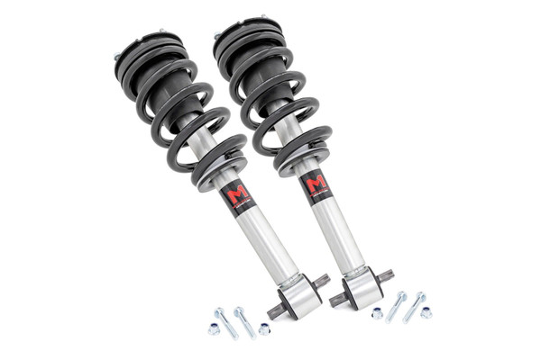 Improved Stance, Balance, and Handling.ΓÇ»If you want to improve your vehicle's on-road performance and off-road capabilities, Rough Country's M1 Loaded Strut Kits are the way to go. Our M1 Loaded Struts help stabilize your vehicle's movements, enhancing control when you turn, brake, accelerate or ride over uneven road surfaces. As an adjustable ride height strut, these M1ΓÇÖs keep your suspension from overextending, providing a more consistent ride. Made for rugged off-road performance, our M1 monotube struts have a 46mm digressive piston for a more stable ride, preserving the smooth ride quality you need.\
Quality Construction.ΓÇ»Rough Country's M1 Loaded Struts have been engineered to give you the most reliable performance, increased driving comfort, and all-around performance for your vehicle. Made from 2" seamless extruded tubing and feature durable vulcanized natural rubber bushings. They're also zinc plated for resistance against the elements. Plus, they're adjustable in height. Utilizing multiple grooves in the strut body the spring perch can be raised or lowered. So whether you're looking to add a little extra clearance for off-roading or just want your ride to sit a little higher, our M1 Monotube Loaded Struts are the perfect solution.\
Installation and Warranty. This bolt-on installation requires just basic tools and about 2-3 hours to complete. Our Strut Kit is backed with a limited lifetime replacement warranty towards manufacturer defects. As such, the product is protected from structural and workmanship damage after the date of purchase. With our industry-leading warranty, give yourself peace of mind when using Rough Country's products!