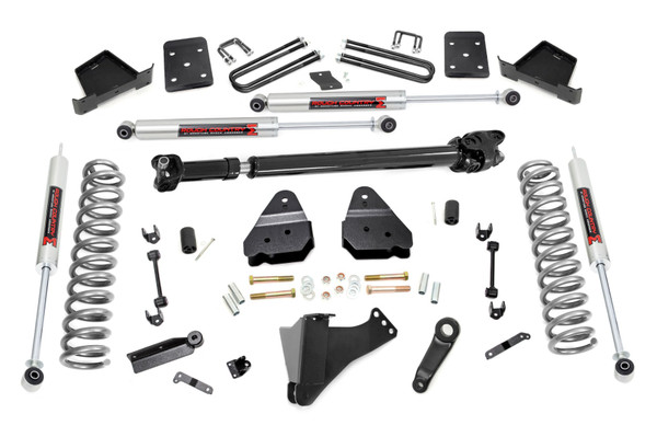 Give your 17-20 Ford Super Duty an impressive upgrade, front to back with Rough CountryΓÇÖs 4.5" Ford Suspension Lift Kit! This easy-to-install lift kit raises the front of your vehicle to be equal height with the rear for a leveled, better-than-stock look that gives an improved ride height and more aggressive appearance.\
This kit features a set of front, lifted coil springs allowing you gain additional ride height without sacrificing ride quality or performance. A set of sway bar drop brackets and track bar are provided to keep everything at optimum angles for a factory-like ride, even after lifting.\
A set of Rough Country's premium N3 shocks are also included. These fine tuned 10-stage variable high-pressure Nitrogen charged shocks offer a fantastic blend of off-road action and smooth highway ride quality. With a durable 18mm spring-loaded piston rod and faster-cooling 54mm shock body.\
Get the wheels you want! Rough Country's 4.5" 17-20 Ford Suspension Lift Kit comes with everything you need to fit up to a 35" tire with proper wheel backspacing.\
Best of all, Rough Country's 4.5ΓÇ¥ Ford Suspension Lift Kit is backed by our Lifetime Replacement Warranty!