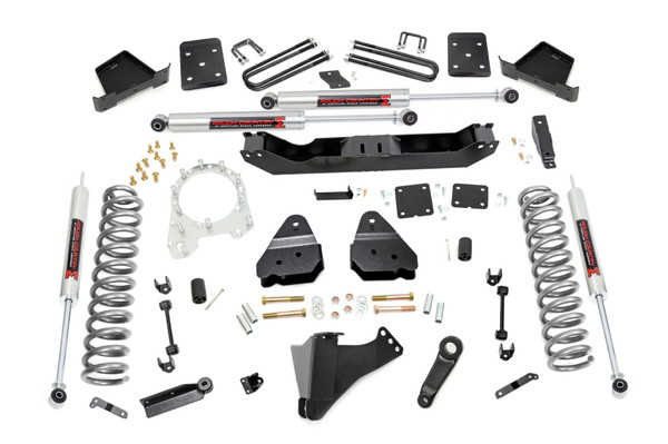Give your 17-20 Ford Super Duty an impressive upgrade, front to back with Rough CountryΓÇÖs 4.5" Ford Suspension Lift Kit! This easy-to-install lift kit raises the front of your vehicle to be equal height with the rear for a leveled, better-than-stock look that gives an improved ride height and more aggressive appearance.\
This kit features a set of front, lifted coil springs allowing you gain additional ride height without sacrificing ride quality or performance. A set of sway bar drop brackets and track bar are provided to keep everything at optimum angles for a factory-like ride, even after lifting.\
A set of Rough Country's premium N3 shocks are also included. These fine tuned 10-stage variable high-pressure Nitrogen charged shocks offer a fantastic blend of off-road action and smooth highway ride quality. With a durable 18mm spring-loaded piston rod and faster-cooling 54mm shock body.\
Get the wheels you want! Rough Country's 4.5" 17-20 Ford Suspension Lift Kit comes with everything you need to fit up to a 35" tire with proper wheel backspacing.\
Best of all, Rough Country's 4.5ΓÇ¥ Ford Suspension Lift Kit is backed by our Lifetime Replacement Warranty!