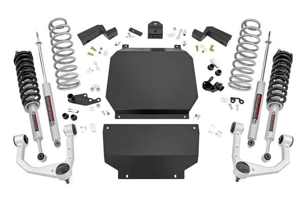 Set your Tundra apart from the pack. Give your new Tundra impressive good looks and more ground clearance with Rough Country's 3.5" Lift kit. Here at Rough Country we are overcoming the age-old problem of the nose-down look from the factory. With our 3.5" suspension lift kit you will not only have the option to run larger sized tires but will lift and level you vehicle ensuing to catch the gaze of onlookers.\
Innovative Design. Rough CountryΓÇÖs 3.5-inch Bolt-On Kit features a set of high-quality, Forged Aluminum Upper Control Arms designed to make alignment adjustments easier and durable rubber bushings. These arms are designed to promote a factory-like geometry by keeping the ball joint at optimum angles after lifting. This design allows for an improved, greater range of motion from the ball joint, with less stress, wear and tear. Each unit is shipped complete ensuring that all components needed for installation are included.\
Installation. Featuring a 100% bolt-on installation process, installation couldn't be easier. With an estimated timeframe of 4-6 hours this full kit can be installed at home using standard tools and can be completed efficiently and quickly!\
Lifetime Replacement Warranty. Rough Country's 3.5" Lift Kit is backed with a lifetime replacement warranty towards manufacturer defects. As such, the product is protected from structural and workmanship damage after the date of purchase. With our industry-leading warranty give yourself peace of mind when using Rough Country's Suspension products!