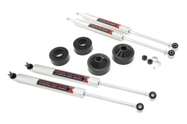Give your Jeep a more aggressive look with Rough CountryΓÇÖs easy-to-install 1.75in Suspension Lift. This all-inclusive kit comes with everything you need to run up to 32in tires in an innovative kit that wonΓÇÖt break the bank!\
Featuring front and rear coil spacers, this kit gives your Jeep a great boost for additional ride height and an eye-catching level look from front to rear. This kit is engineered with a spring retention design, ensuring that your coils always stay class in place even during extreme articulation.\
This easy-to-install kit features a 100% bolt-on installation process thatΓÇÖs easy enough to do in a home garage! Enjoy the lifted life with Rough CountryΓÇÖs 1.75in Suspension Lift Kit!