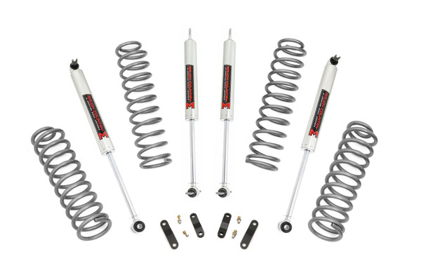 Elevate your Jeep's off-road capability and style with Rough Country's 2.5-Inch Suspension Lift Kit. Designed for larger wheels and tires, this kit increases ground clearance and delivers a bold, aggressive stance on and off the trail.Lifted Front and Rear Coil Springs: Enjoy a taller ride height while maintaining factory-like ride comfort. These coils are tuned to match the OEM spring rate, providing balanced handling whether you're navigating rocky terrain or cruising pavement.Configurable Shock Options: Choose the perfect ride feel for your driving needs. This kit offers nitrogen-charged N3 shocks, monotube V2 and M1 options, or the premium M1R remote reservoir shocks for ultimate performance and control.Hassle-Free Installation: This kit includes all necessary components for a simple, bolt-on installation, getting you trail-ready without complicated modifications.Trail-Tested Durability: Backed by Rough Country's Limited Lifetime Replacement Warranty, this suspension lift is built to handle harsh environments and rugged adventures.Upgrade your Jeep today and conquer the trail with Rough Country's 2.5-Inch Suspension Lift Kit, where performance meets unmistakable style.