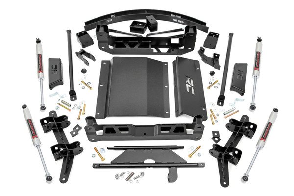 Take Your OBS to New Heights: Upgrade your 1988-1998 Chevy/GMC 1500, Tahoe, or Suburban with Rough Country's 6-Inch Suspension Lift Kit - the perfect blend of aggressive stance and refined engineering.Smarter Design, Smoother Install: This redesigned kit features improved components for a faster, more user-friendly installation process. Maintain factory alignment and handling thanks to stock track width retention.Built Tough, Ready for Anything: Heavy-duty front and rear crossmembers, differential drop brackets, and fabricated rear lift blocks offer unmatched durability. Drop torsion bar brackets and a rugged front skid plate proudly display laser-cut RC branding for that unmistakable Rough Country look.Boosted Clearance, Bigger Tires: Gain more ground clearance and run up to 35-inch tires with ease, perfect for tackling rough trails or enhancing curb appeal.Choose Your Ride Feel: Customize your suspension setup with your choice of Rough Country's nitrogen-charged N3, V2 Monotube, or M1 Monotube shocks to match your terrain and driving style.Everything You Need, Warranty Included: Includes add-a-leafs, heim joint assist link, massive steering link, and all required hardware. Backed by Rough Country's Limited Lifetime Replacement Warranty.
