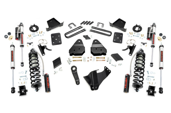 Explore New Heights. Give your third-generation Ford Super Duty superior lift height with Rough Country's 4.5-inch Coilover Suspension Lift Kit! This all-inclusive kit comes with everything you need for a total transformation of your truck. Run up to 37in tires while preserving the smooth, factory ride quality with this impressive upgrade.\
Durable Components. When changing a vehicle's suspension, the key to preserving ride quality is keeping the geometry of all suspension components as close to their factory angles as possible. Rough Country's new 4.5-inch Suspension Lift features a set of ultra-durable radius arm drop brackets, precision fit to bolt right into the factory mounts for an easier install and a more factory-like angle. Utilizing this conversion kit you're removing the factory independent coil shock and coil set-up and replacing it with a massive 2.5in piston, nitrogen-charged, 8-stage adjustable Vertex Coilover. Rough CountryΓÇÖs Vertex Coilovers feature a monotube design with an external reservoir for increased oil capacity and damping sensitivity. When it comes to investing in a high-end kit, youΓÇÖll be pleased to find that Rough CountryΓÇÖs 2.5in piston design is beefier and offers an impressive 56% greater fluid capacity than the average reservoir shock. Each kit is paired with a monotube shock that provides optimal damping control.\
Installation. Requiring cutting and drilling to install, an estimated timeframe of 6-10 hours is recommended to complete this full installation. This full kit can be installed at home and can be completed efficiently and quickly!\
Limited Lifetime Replacement Warranty. Rough Country's 4.5-inch Coilover Suspension Lift Kit is backed with a limited lifetime replacement warranty towards manufacturer defects. As such, the product is protected from structural and workmanship damage after the date of purchase. With our industry-leading warranty give yourself peace of mind when using Rough Country's Suspension products!