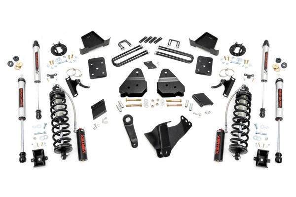 Explore New Heights. Give your third-generation Ford Super Duty superior lift height with Rough Country's 6-inch Coilover Suspension Lift Kit! This all-inclusive kit comes with everything you need for a total transformation of your truck. Run up to 37in tires while preserving the smooth, factory ride quality with this impressive upgrade.\
Durable Components. When changing a vehicle's suspension, the key to preserving ride quality is keeping the geometry of all suspension components as close to their factory angles as possible. Rough Country's new 6-inch Suspension Lift features a set of ultra-durable radius arm drop brackets, precision fit to bolt right into the factory mounts for an easier install and a more factory-like angle. Utilizing this conversion kit you're removing the factory independent coil shock and coil set-up and replacing it with a massive 2.5in piston, nitrogen-charged, 8-stage adjustable Vertex Coilover. Rough CountryΓÇÖs Vertex Coilovers feature a monotube design with an external reservoir for increased oil capacity and damping sensitivity. When it comes to investing in a high-end kit, youΓÇÖll be pleased to find that Rough CountryΓÇÖs 2.5in piston design is beefier and offers an impressive 56% greater fluid capacity than the average reservoir shock. Each kit is paired with a monotube shock that provides optimal damping control.\
Installation. Requiring cutting and drilling to install, an estimated timeframe of 6-10 hours is recommended to complete this full installation. This full kit can be installed at home and can be completed efficiently and quickly!\
Limited Lifetime Replacement Warranty. Rough Country's 6-inch Coilover Suspension Lift Kit is backed with a limited lifetime replacement warranty towards manufacturer defects. As such, the product is protected from structural and workmanship damage after the date of purchase. With our industry-leading warranty give yourself peace of mind when using Rough Country's Suspension products!