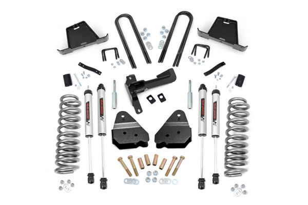 Give your 05-07 Ford Super Duty an impressive upgrade, front to back with Rough CountryΓÇÖs 4.5" Ford Suspension Lift Kit! This easy-to-install lift kit raises the front of your vehicle to be equal height with the rear for a leveled, better-than-stock look that gives an improved ride height and more aggressive appearance.\
This kit features a set of front, lifted coil spacers allowing you gain additional ride height without sacrificing ride quality or performance. A set of radius arm fropbrackets and track bar drop bracket are provided to keep everything at optimum angles for a factory-like ride, even after lifting.\
A set of Rough Country's premium N3 shocks are also included. These fine tuned 10-stage variable high-pressure Nitrogen charged shocks offer a fantastic blend of off-road action and smooth highway ride quality. With a durable 18mm spring-loaded piston rod and faster-cooling 54mm shock body.\
Get the wheels you want! Rough Country's 4.5" Suspension Lift Kit comes with everything you need to fit up to a 35" tire with proper wheel backspacing.\
Best of all, Rough Country's 4.5" Suspension Lift Kit is backed by our Lifetime Replacement Warranty.