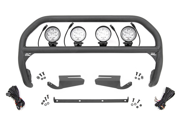 Innotative Design. Outfit your Ford Bronco right with Rough Country's Nudge Bar. This durable 2-inch thick tubular steel bull bar provides unbeatable protection for the front side of your vehicle all while offering multiple LED mounting solutions to provide ample lighting for the trail ahead.\
Durable Upgrade. Each Nudge Bar is coated with a corrosion-resistant black powder coat to ensure a long lifespan for years to come. Rough Country's Nudge Bar can be equipped with four round LED lights, or a single row 20" LED light bar! Rough CountryΓÇÖs all-weather LED lights feature a durable, die-cast aluminum housing and include a premium, waterproof, flat-wound, braided wiring harness with a toggle switch and in-line fuse.\
Installation & Warranty. Featuring a 100% bolt-on installation process an estimated timeframe of 3-4 hours is predicted to complete the installation process. This full kit can be installed and can be completed efficiently and quickly! Rough Country's Nudge Bar is backed with a limited lifetime replacement warranty towards manufacturer defects. As such, the product is protected from structural and workmanship damage after the date of purchase. With our industry-leading warranty give yourself peace of mind when using Rough Country's Suspension products!