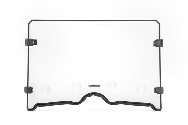 Added Protection and Customizable Comfort: Shield the occupants of your Yamaha Rhino from off-road hazards like rocks, branches, and debris with Rough Country's Scratch-Resistant Windshield. This innovative design combines protection with unmatched comfort by featuring 5 adjustable vents that allow you to control airflow to suit your needs. Vents can be closed, opened, or half-opened for ultimate versatility. Whether you're navigating dusty trails or keeping cool on hot days, the 360┬░ rotating vents provide superior flexibility, making every ride more enjoyable. High-Quality Polycarbonate Construction: Crafted from thick .25 polycarbonate material, Rough Country windshields deliver the ultimate combination of clarity, flexibility, and durability. Precision cut for a flawless fit, this material outperforms glass and acrylic in toughness, ensuring your windshield can handle even the roughest terrains. Enhanced Durability with Scratch and UV Resistance: Each windshield is coated with a secondary AR2 hard-coating process, creating a robust scratch-resistant barrier that extends its lifespan. This treatment also provides UV protection, ensuring your windshield remains clear and functional for years to come. Contoured Design with a Precision Fit: The contoured design and premium rubber seal ensure a secure, rattle-free fit that keeps out dust, debris, and water, while seamlessly complementing the rugged aesthetics of your Yamaha Rhino. Seamless Roof Compatibility: Engineered to integrate effortlessly with both factory and most aftermarket roofs, this windshield adds versatility without compromising style or functionality. Quick and Easy Installation: With a simple strap-on installation process, you can have your Rough Country windshield ready to go in as little as 15ΓÇô30 minutes. Spend less time prepping and more time conquering the trails. Limited-Lifetime Replacement Warranty: Rough Country stands behind its products with a limited lifetime replacement warranty against manufacturer defects. Ride with confidence knowing your windshield is protected from structural or workmanship damage.