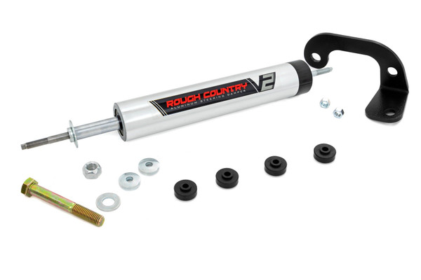 Take Control of Every Turn: Rough Country's V2 Steering Stabilizer Kit is engineered to eliminate bump steer, front-end shimmy, and steering vibration caused by rough roads or oversized tires. Whether you're hitting the trail or the pavement, it delivers a smoother, more predictable ride by dampening harsh feedback through the steering wheel.Fix Common Steering Issues: If your vehicle pulls to one side, feels loose after hitting a bump, or suffers from a shaky steering wheel - this stabilizer helps correct those problems. It absorbs sudden impacts that can throw off your handling and alignment, especially in lifted applications.Protect Your Steering System: Rough Country's stabilizer helps reduce wear and tear on key components like tie rods, ball joints, and tires. It's a must-have for vehicles running larger wheels or off-road setups, helping preserve performance and extend component life.Bolt-On Upgrade with Big Benefits: With a 100% bolt-on design, installation is fast and hassle-free. It's one of the easiest ways to improve handling, reduce road feedback, and reinforce the reliability of your steering system - backed by the trusted Rough Country name.