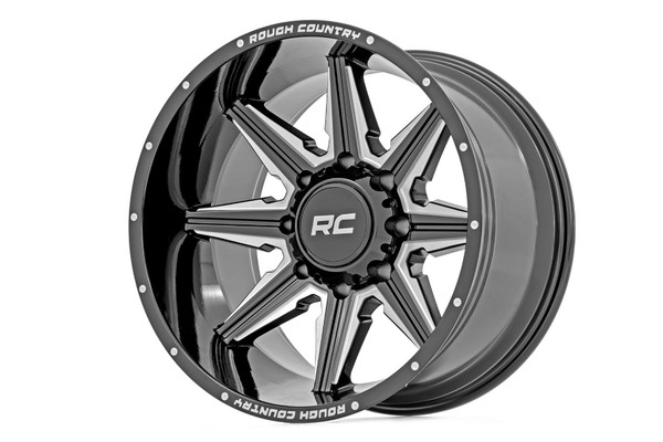 Looking for an edge on the competition? Check out Rough Country's Series 91 Wheel!   Our Series 91 Wheel gives your truck a powerful, bold look with its concave and dagger design. This super lightweight, single-piece construction features a high-quality gloss black finish and Milled Accents that will have you rolling off-road in style. And with the exposed lug nuts, you will have the freedom to customize your wheel and create a more modern, high-end look for your vehicle without sacrificing any functionality. Get the style and performance you need for your truck with Rough Country's Series 91 Wheel.\
Each Series 91 Wheel includes a Rough Country gloss black center cap as well as a limited lifetime warranty.