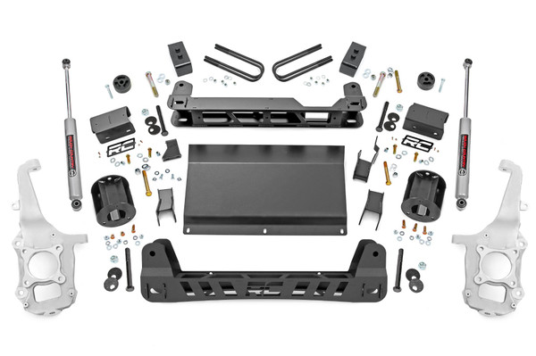 It's time to take your Ford F-150 Tremor up a notch!ΓÇ»Give your Tremor aggressive good looks and superior ride quality with Rough CountryΓÇÖs 4 Inch Lift Kit. This kit will provide increased ground clearance and levels the front with the rear of your ride. So, whether you're hitting the trails or just cruising around town, this lift kit will have you covered.\
Heavy-duty and reliable.ΓÇ»Rough Country's 4in Lift Kit for the Ford F-150 Tremor is engineered with high-quality heavy-duty steel components. Featuring a set of durable lifted knuckles and strut spacers, you'll gain enough ride height to run up to 35-inch tires with proper wheel spacing! A 1/4-inch thick plate steel front and rear cross member bring uncompromised strength and good looks to your truck. Our fabricated blocks are stronger and offer a longer lifespan than cast blocks, and track width remains the same as factory. So, you can be sure your truck will look good - and perform even better.\
Installation.ΓÇ»Featuring a 100% bolt-on installation process for an easy, no-fuss assembly. With an estimated install time of 8-10 hours, this kit can be installed at home using standard tools.\
Limited Lifetime Replacement Warranty.ΓÇ»Rough Country's 4" Lift Kit is backed with a limited lifetime replacement warranty towards manufacturer defects. As such, the product is protected from structural and workmanship damage after the date of purchase. With our industry-leading warranty give yourself peace of mind when using Rough Country's Suspension products!