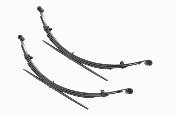 Added Lift Height and Ride Comfort. Take your suspension kit to the next level with Rough Country's Replacement Leaf Springs. Constructed from high-quality materials and designed specifically for the weight of your vehicle. This enhanced replacement spring will provide a factory-like feel while retaining your suspension lift height.┬á\
Durable and Off-Road Ready. Rough Country's Replacement Leaf Springs are designed to tackle any terrain that they are faced with. Featuring a multi-leaf design and spring pads this reduces the friction and maximizes comfort. Each leaf pack utilizes tapered leaves for improved flexibility at their ends.┬á\
Installation. Rough Country's Replacement Leaf Springs┬áoffer a 100% bolt-on installation estimated to take approximately 1-2 hours depending on vehicle condition. Simply remove the pre-existing leaf spring and use the stock hardware to equip your vehicle with this high-quality replacement.┬á\
Lifetime Replacement Warranty. Rough Country's Replacement Leaf is backed with a 5-year replacement warranty towards manufacturer defects. As such, the product is protected from structural and workmanship damage after the date of purchase. With our industry-leading warranty give yourself peace of mind when using Rough Country's Suspension products!┬á