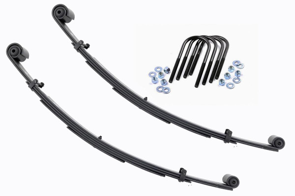 Added Lift Height and Ride Comfort. Take your suspension kit to the next level with Rough Country's Replacement Leaf Springs. Constructed from high-quality materials and designed specifically for the weight of your vehicle. This enhanced replacement spring will provide a factory-like feel while retaining your suspension lift height.┬á\
Durable and Off-Road Ready. Rough Country's Replacement Leaf Springs are designed to tackle any terrain that they are faced with. Featuring a multi-leaf design and spring pads this reduces the friction and maximizes comfort. Each leaf pack utilizes tapered leaves for improved flexibility at their ends.┬á\
Installation. Rough Country's Replacement Leaf Springs┬áoffer a 100% bolt-on installation estimated to take approximately 1-2 hours depending on vehicle condition. Simply remove the pre-existing leaf spring and use the stock hardware to equip your vehicle with this high-quality replacement.┬á\
Lifetime Replacement Warranty. Rough Country's Replacement Leaf is backed with a 5-year replacement warranty towards manufacturer defects. As such, the product is protected from structural and workmanship damage after the date of purchase. With our industry-leading warranty give yourself peace of mind when using Rough Country's Suspension products!┬á