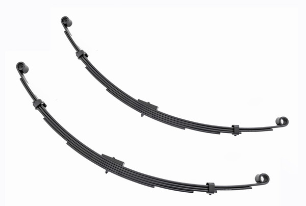 Added Lift Height and Ride Comfort. Take your suspension kit to the next level with Rough Country's Replacement Leaf Springs. Constructed from high-quality materials and designed specifically for the weight of your vehicle. This enhanced replacement spring will provide a factory-like feel while retaining your suspension lift height.┬á\
Durable and Off-Road Ready. Rough Country's Replacement Leaf Springs are designed to tackle any terrain that they are faced with. Featuring a multi-leaf design and spring pads this reduces the friction and maximizes comfort. Each leaf pack utilizes tapered leaves for improved flexibility at their ends.┬á\
Installation. Rough Country's Replacement Leaf Springs┬áoffer a 100% bolt-on installation estimated to take approximately 1-2 hours depending on vehicle condition. Simply remove the pre-existing leaf spring and use the stock hardware to equip your vehicle with this high-quality replacement.┬á\
Lifetime Replacement Warranty. Rough Country's Replacement Leaf is backed with a 5-year replacement warranty towards manufacturer defects. As such, the product is protected from structural and workmanship damage after the date of purchase. With our industry-leading warranty give yourself peace of mind when using Rough Country's Suspension products!┬á