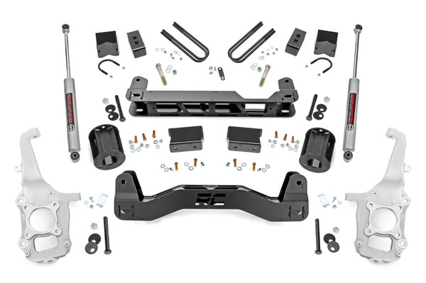 Turn your Ford F-150 into the ultimate road-and-trail champion with Rough Country's 6-Inch Lift Kit. Designed to conquer everything from rugged trails to your daily drive, this kit delivers the perfect stance, unbeatable ground clearance, and the confidence to tackle any challenge. It enhances ride quality while giving your truck the bold, capable look your adventures demand. This isn't just a lift-it's a complete truck upgrade.Serious Ground Clearance: More room for adventure! This lift gives your F-150 the height it needs to clear obstacles on the trail and look commanding on the road.Levels Front and Rear: Say farewell to that factory nose-down look. This kit evens things out, giving your truck a clean, aggressive stance that screams confidence.Precision Engineered Aluminum Knuckles: A standout feature you won't find with any other brand. Engineered to outperform steel, these knuckles are 50% lighter, delivering improved handling and a better ride quality. Outstanding corrosion resistance ensures superior performance and long-lasting durability, making them the ultimate choice for any terrain.Fabricated Rear Blocks: Tougher than cast alternatives, these blocks keep your truck steady and reliable, mile after mile.Installation and Warranty: Transform your F-150 with our all-inclusive 6-inch Lift Kit, featuring durable aluminum knuckles, crossmembers, and all the hardware for a factory-like setup with extra ground clearance. Plus, enjoy peace of mind with Rough Country's limited lifetime warranty, protecting against structural and workmanship defects.This isn't your average lift kit. With premium components and attention to detail, it's designed to handle everything from weekend overlanding to weekday commutes.