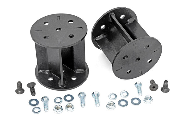 Functionality and Use. When equipping your vehicle with airbags depending on your lift height an airbag spacer is a must-have to ensure that you achieve the functionality out of your new system. Here at Rough Country we are stepping up the game and providing the must-have components to complete your project.┬á\
Strength and integrity. Rough Country's Air Spring Spacer kits feature a heavy-duty 7 gauge steel construction with 1/4 welds to ensure that when in use, they will stand up to the tests of time. Each kit features two spacers and all necessary hardware to install.┬á\
Straightforward Installation. Installing these spacers is lightning fast. Simply secure the supplied hardware to ensure that your airbag is at the appropriate height for your lifted applications.┬á\
Lifetime Replacement Warranty. Rough Country's Air Spring spacers are backed with a lifetime replacement warranty towards manufacturer defects. As such, the product is protected from structural and workmanship damage after the date of purchase. With our industry-leading warranty give yourself peace of mind when using Rough Country's Suspension products!┬á