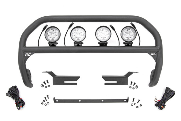 Outfit your 2021 Bronco right with Rough Country's Nudge bar. This durable 3-inch thick tubular steel bull bar provides unbeatable protection for the front side of your vehicle all while offering multipe LED mounting solutions to provide ample lighting for the trail ahead.\
┬á\
This easy-to-install bull bar features a 100% bolt-on installation process, giving you a simple way to add this eye-catching upgrade that provides protection from hazards on and off-road. Each Nudge Bar is coated with corrosion-resistant black powder coat to ensure a long-lifespan for years to come.\
┬á\
Rough Country's Nudge Bar can be equipped with four round LED lights, or a single row 20" LED light bar! Rough CountryΓÇÖs all-weather LED lights feature a durable, die-cast aluminum housing and include a premium, waterproof, flat-wound, braided wiring harness with toggle switch and in-line fuse.