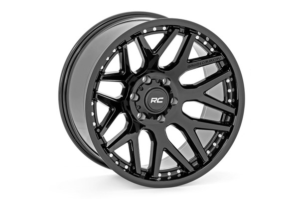 Stand Out in Style: Make a bold impression with Rough Country's One-Piece Series 95 Wheels. Featuring a sleek gloss black finish and aggressive 8-spoke design, these wheels deliver head-turning looks that elevate the stance of any lifted truck or Jeep.Engineered for Performance: The Series 95 is crafted from a single piece of high-strength aluminum, delivering the ideal combination of lightweight performance and rugged durability. Built to handle the demands of off-road terrain without sacrificing style.Signature RC Details: Each wheel includes a custom black center cap with the iconic RC logo and an embedded "Rough Country" nameplate for a clean, finished look that completes your build.Warranty-Backed Confidence: Drive with peace of mind thanks to a 1-year finish warranty and Rough Country's Limited Lifetime Structural Warranty, ensuring lasting protection and satisfaction.