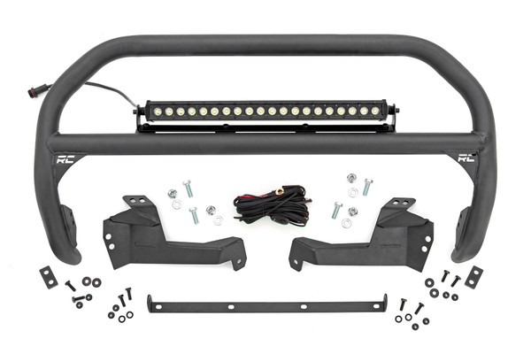 Outfit your 2021 Bronco Sport right with Rough Country's Nudge bar. This durable 2-inch thick tubular steel bull bar provides added protection for the front side of your vehicle all while offering multiple LED mounting solutions to provide ample lighting for the trail ahead.\
┬á\
This easy-to-install bull bar features a 100% bolt-on installation process, giving you a simple way to add this eye-catching upgrade that provides protection from hazards on and off-road. Each Nudge Bar is coated with corrosion-resistant black powder coat to ensure a long-lifespan for years to come.\
┬á\
Rough Country's Nudge Bar can be equipped with four round LED lights, or a single row 20" LED light bar! Rough CountryΓÇÖs all-weather LED lights feature a durable, die-cast aluminum housing and include a premium, waterproof, flat-wound, braided wiring harness with toggle switch and in-line fuse.
