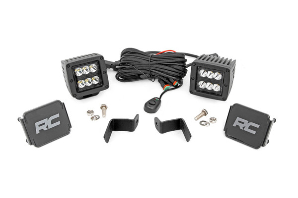 Whether itΓÇÖs off-road riding at night or navigating the trails after hours, Rough CountryΓÇÖs Lower Windshield LED Ditch Mounts gives you the strong side illumination you need. Never miss another turn, and safely maneuver through any off-road situation in the dark without obstructing visibility from inside the cab.\
This easy to install mounting system is low profile and features 100% bolt-on installation procedure, with no need for cutting or drilling needed. The LED Cubes tuck nicely along the base of the windshield and pack impressive lighting power.\
Each Rough Country LED light cube is IP67 Waterproof and includes a premium, braided wiring harness with in-line fuse and on/off switch.┬á\
This kit Includes Rough CountryΓÇÖs 3-year LED warranty.
