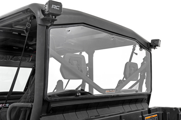 Added Protection and comfortability. Protect the occupants of your Can-Am Defender from off-road hazards such as rocks, branches, and other debris with Rough Country's Scratch-Resistant Windshields. UTV Windshields offer a clear visual of the trail ahead and allow for a much more comfortable outing!\
High-Quality Polycarbonate Construction. Rough Country UTV windshields are constructed from thick polycarbonate material that is precision cut for a perfect fit. The polycarbonate material provides an ideal combination of clarity, flexibility, durability that outperforms glass, acrylic, and other windshield materials.\
Durable Scratch and UV Resistance. Each windshield is not only constructed from thick polycarbonate material but enhanced by a secondary AR2 hard-coating process. This process completely coats the windshield with a hardened, scratch-resistant barrier. This treatment also provides the additional benefit of UV protection.\
Easy Installation. With a simple strap-on process and drilling required for installation, installing a Rough Country rear panel couldn't be easier. Within 15 ΓÇô 30 mins you can be ready to hit the trails.\
Limited-Lifetime Replacement Warranty. Rough Country's Scratch-Resistant Windshields are backed with a limited lifetime replacement warranty towards manufacturer defects. As such, the product is protected from structural and workmanship damage after the date of purchase. With our industry-leading warranty give yourself peace of mind when using Rough Country's Suspension products!