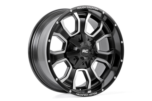 Set yourself apart from the pack with Rough CountryΓÇÖs One-Piece Series 93 Wheels. This 7-spoke black and machined wheel offers an incredible look thatΓÇÖs sure to turn heads. This one-of-a-kind wheel features 7 spokes that flare out near the lip for a dramatic visual style thatΓÇÖs perfect for any lifted vehicle. This stylish wheel features a gloss black coat with machined accents that pop under any truck or Jeep.Rough CountryΓÇÖs Series 93 is a one-piece wheel design, constructed from a single piece of heavy-duty aluminum for the optimal balance of weight and performance. Each Series 93 Wheel includes dual machined ΓÇ£Rough CountryΓÇ¥ logos and a center cap with ΓÇ£RCΓÇ¥ carbon fiber logo design and includes a limited lifetime warranty.