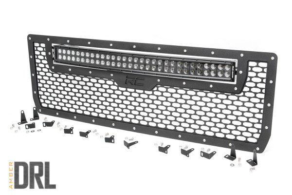 Give the front-end of your GMC 1500 a unique look with Rough CountryΓÇÖs Mesh Grille kit. This grille replacement kit swaps out your stock grille with the eye-catching, head-turning good looks of this aftermarket upgrade. With a unique, laser-cut mesh pattern surrounded by stylish, stainless steel rivets, this grill gives your truck a more menacing look thatΓÇÖs sure to draw attention. Each kit is powdercoated black to resist corrosion and give a long lifespan of good looks.This kit features a Rough Country's 30ΓÇ¥ Curved Dual-Row Black-Series LED light bar with Cree LED's outputting a staggering 14,400 Lumens and 180 Watts of lighting power. Includes a mountable on/off switch, wiring harness, and our 3 Year Warranty!