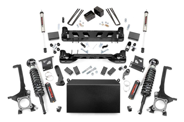 Take your Toyota Tundra to the next level with Rough Country's 6in Suspension Lift for 07 & up models. With heavy-duty components and a high-clearance design, this kit offers aggressive looks, unparalleled off-road performance, and enough ride height to run up to 35in tires.Instantly gain a meaner lifted and level stance with high-quality equipment that's made to handle the hazards of high-performance while withstanding the test of time. A set of durable lifted knuckles, high-clearance front and rear crossmembers, upper strut spacers, and long-lasting, fabricated rear blocks give you plenty of lift and uncompromised toughness.This all-inclusive kit features everything you need to take your Tundra off the tread and through the trenches; featuring steering stops, brake line brackets, differential drop brackets, sway-bar drop brackets, and anything else one would need to keep everything working at optimum angles after lifting. Best of all, you can get up and running with Rough Country's 6in Toyota Tundra Lift at a price that won't break the bank!