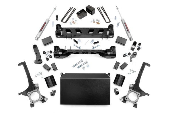 You'll never look at a Tundra the same way after installing Rough Country's 4-inch Toyota Tundra kit. This all-inclusive kit is a total transformation for your truck, with durable lifted knuckles, protective skid plate, and all the brackets and hardware needed to set your truck to a factory-like geometry while providing additional ground clearance. The beefy front crossmember features a high-clearance design to help traverse off-road obstacles with no hang-ups.Run larger wheels and tires while giving your truck a one-of-a-kind look and exceptional off-road performance. This kit affords your truck an aggressive appearance and a higher profile that is sure to demand attention. This kit includes Rough CountryΓÇÖs Nitrogen-charged N3 Shocks for the ultimate balance in highway ride quality and off-road vibration dampening. Includes Rough CountryΓÇÖs Lifetime Replacement Guarantee.