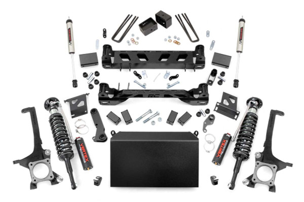 You'll never look at a Tundra the same way after installing Rough Country's 6-inch Toyota Tundra kit. This all-inclusive kit is a total transformation for your truck, with durable lifted knuckles, protective skid plate, and all the brackets and hardware needed to set your truck to a factory-like geometry while providing additional ground clearance. The beefy front crossmember features a high-clearance design to help traverse off-road obstacles with no hang-ups.Run larger wheels and tires while giving your truck a one-of-a-kind look and exceptional off-road performance. This kit affords your truck an aggressive appearance and a higher profile that is sure to demand attention. This kit includes Rough CountryΓÇÖs Adjustable Reservoir Vertex Shocks for the ultimate balance in highway ride quality and off-road vibration dampening. Includes Rough CountryΓÇÖs Lifetime Replacement Guarantee.