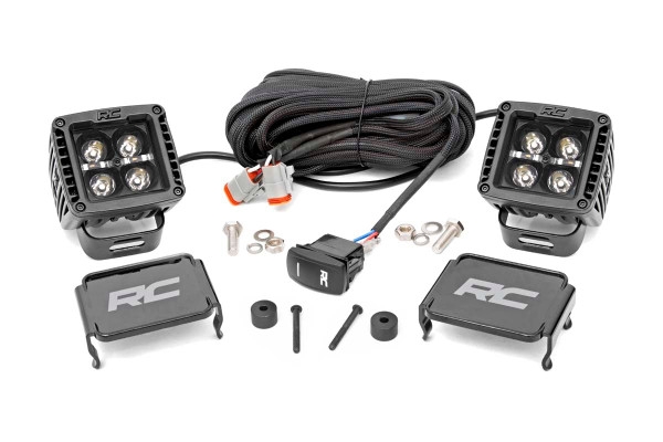 COMMAND THE DARK with Rough CountryΓÇÖs Easy-Mount LED Cube Kit! This all-inclusive kit comes with everything you need to mount a set of LED cubes on your JeepΓÇÖs cowl with an easy-to-install design that goes on lightning fast!┬á\
Gain an incredible 2,880 lumens and 36 watts of combined lighting power with an easy 100% bolt-on installation process that will have you up and running in no-time flat! No cutting, no drilling, just bolt them up to the factory cowl mount location and instantly gain a powerful output of off-road illumination so you can always see the trail ahead.┬á\
Each mount holds features a postionable base that lets you choose if you want them forward-facing or pitched outward for illumination wherever you need it most. Rough Country LED light cubes are IP67 Waterproof and includes a premium, braided wiring harness with in-line fuse and on/off switch.