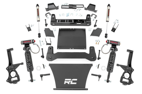 Transform your fifth-generation GMC Sierra 1500 with Rough Country's 6-Inch Suspension Lift Kit, engineered to elevate both your stance and your off-road prowess. Designed to complement the truck's aggressive factory styling, this all-in-one lift solution delivers a bold, leveled look and the clearance needed to run 35x12.50 tires on 10-inch wide wheels.Front-to-Rear Lift & Leveling: Gain a clean, aggressive stance with improved ground clearance for better trail performance and street presence.Precision Engineering, Off-Road Ready: This kit features a high-clearance crossmember that maintains optimal suspension geometry while maximizing off-road capability. Extreme-duty cast knuckles and heavy-duty fabricated blocks provide rugged durability built to endure the harshest driving conditions.Factory Fitment, Simplified Install: Enjoy a bolt-on installation that requires no strut disassembly and no differential trimming, saving you time and preserving the factory integrity of your Sierra. The laser-cut, CAD-designed components ensure a perfect fit and unmatched strength.Retains Stock Handling & Compatibility: With factory track width maintained, you keep the truck's original handling characteristics while minimizing wear and tear. This kit also works with all Rough Country shock/strut options, from nitrogen-charged N3s to the premium Vertex reservoir, so you can tailor your ride to your driving needs.Every kit includes front and rear crossmembers, a durable skid plate for enhanced chassis strength, and Rough Country's Limited Lifetime Replacement Guarantee for complete peace of mind.