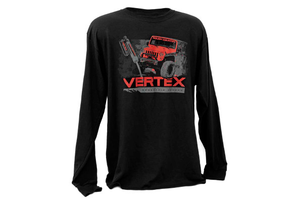 Stay stylish and warm with Rough Country's Vertex Long Sleeve T-Shirt. This premium quality┬áJerzees┬á5.6oz Dri-Power Active Long Sleeve T-shirt is both comfortable and great-looking, with a 50-50 Cotton/Polyster blend that's┬ásure to hold up wash after wash after wash.┬á\
Each shirt is printed with the image of Rough Country's popular, high-end Adjustable Vertex Shock and Jeep JK graphic.\
┬á\
┬á