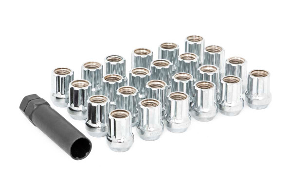 Secure your new wheels with Rough CountryΓÇÖs Bulge Acorn Style Lug Nuts. These cold-forged lug nuts are plated with a beautiful chrome finish for a long lifespan of corrosion resistance and good looks. Acorn bulge nuts provide over 6% more seating surface area than a standard acorn lug nut. These premium lug nuts are the perfect choice for securing aftermarket wheels, and far exceed OEM strength and hardness. Each lug nut set includes a socket key for easy installation or removal. Choose between black or chrome finish for the perfect compliment to your build!