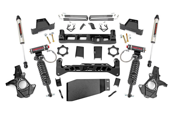 Go Big with Confidence: Rough Country's 7.5-inch Suspension Lift Kit for your Chevy Silverado 1500/GMC Sierra 1500 delivers towering ride height, aggressive stance, and the clearance to run 35-inch tires all while using your factory 20-inch wheels. No wheel upgrades needed to dominate the trails.Clean, Level Stance from Front to Rear: Say goodbye to factory rake. This lift kit achieves a balanced, level profile that looks just as tough as it performs, giving your truck a commanding presence on and off the road.Engineered for Ground-Clearing Performance: Our signature high-clearance crossmembers feature a low-profile design with the iconic "RC" logo, giving you maximum ground clearance and trail-readiness. A heavy-duty lower skid plate and precision-engineered sway-bar and differential drop brackets further enhance durability and protection.Install Made Easy No Cutting Required: Designed with convenience in mind, this kit requires zero drivetrain, exhaust, or differential modifications. Even better, there's no need to disassemble your struts making installation faster and smoother than traditional lift systems.Durability You Can Depend On: All components are precision laser-cut using advanced CAD technology, ensuring an exact fit and rock-solid durability. The included rear 6.5-inch heavy-duty fabricated lift blocks are stronger and more reliable than standard cast options and feature anti-wrap technology to preserve your factory ride quality.Customize Your Ride: This kit is fully compatible with your choice of Rough Country shock and strut options from our value-packed, nitrogen-charged N3s to the high-performance Vertex reservoir series. Get the ride feel and performance that matches your driving style.