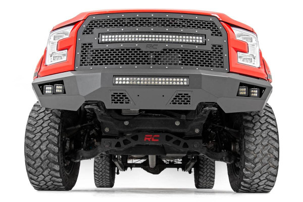 Give the front of your F-150 an aggressive, new appearance with Rough CountryΓÇÖs Front LED Bumper. This easy-to-install upgrade gives your truck an improved look and better protection, with a dual set of 2in LED Cubes and  a 20in LED Light Bar that offer impressive off-road illumination! Rough CountryΓÇÖs Front LED Bumper is made of a durable, all-steel construction thatΓÇÖs ready to handle whatever you dish out. Each bumper features four Rough Country Black-Series 2in LED Cubes and a 20in LED Light Bar that offer over 15,000 lumens of combined lighting power. This incredible front bumper system is powder coated flat black and is ready to withstand the elements for a long lifespan of good looks. Rough CountryΓÇÖs Rear LED Bumper is also easy to install with no cutting or drilling required! Best of all each bumper includes a 3-year warranty.\\