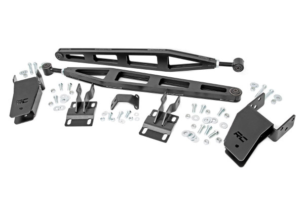 Get a grip with Rough Country's Traction Bar Kit for 05-16 Ford F-250 models. These heavy-duty Traction Bars help prevent wheel hop and axle wrap by aligning and stabilizing the rear axle geometry, allowing for full travel and articulation without binding. Once installed, these bars prevent the type of movement and pinion angles that cause a loss of traction. Perfect for re-claiming traction while towing or during quick acceleration.Not just any bar can get the job done, and Rough Country's "Ladder Bar" design combines relentless strength with aggressive good looks. Rough Country's F-250 Traction Bar features durable rubber bushings and a threaded adjustable end for an easier install and true adjustability. Works on any 05-16 Ford F-250 with 4.5-6 inches of lift. Best of all these Traction bars feature Rough Country's Lifetime Replacement Warranty!\\