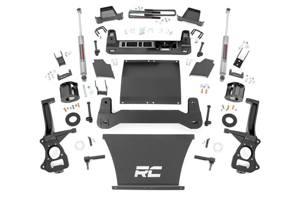 Transform your fifth-generation GMC Sierra 1500 with Rough Country's 6-Inch Suspension Lift Kit, engineered to elevate both your stance and your off-road prowess. Designed to complement the truck's aggressive factory styling, this all-in-one lift solution delivers a bold, leveled look and the clearance needed to run 35x12.50 tires on 10-inch wide wheels.Front-to-Rear Lift & Leveling: Gain a clean, aggressive stance with improved ground clearance for better trail performance and street presence.Precision Engineering, Off-Road Ready: This kit features a high-clearance crossmember that maintains optimal suspension geometry while maximizing off-road capability. Extreme-duty cast knuckles and heavy-duty fabricated blocks provide rugged durability built to endure the harshest driving conditions.Factory Fitment, Simplified Install: Enjoy a bolt-on installation that requires no strut disassembly and no differential trimming, saving you time and preserving the factory integrity of your Sierra. The laser-cut, CAD-designed components ensure a perfect fit and unmatched strength.Retains Stock Handling & Compatibility: With factory track width maintained, you keep the truck's original handling characteristics while minimizing wear and tear. This kit also works with all Rough Country shock/strut options, from nitrogen-charged N3s to the premium Vertex reservoir, so you can tailor your ride to your driving needs.Every kit includes front and rear crossmembers, a durable skid plate for enhanced chassis strength, and Rough Country's Limited Lifetime Replacement Guarantee for complete peace of mind.
