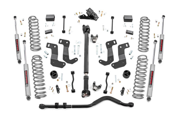 When it comes to your four-door Jeep JL, we know you need a lift that won't let you down. Our 3.5 Inch Lift Kit delivers legendary off-road prowess and smooth on-road handling.Increased Ground Clearance: Get ready to conquer those rocky trails and rough terrains like a boss! Our lift kit gives your Jeep Wrangler Rubicon the extra inches it needs to clear obstacles with ease.Front-to-Rear Leveling: Tired of that nose-down stance? Ditch the unbalanced Jeep life with our leveling kit. We bring symmetry to your ride, lifting the front to match the rear, giving you a smooth and steady journey.Tuned Coil Springs for Superior Performance: Your Jeep's handling and ride quality matter, and we get that. Our coil springs come dialed in with OEM spring rates, delivering top-notch handling and a plush ride. Our linear coil rate springs take it up a notch, ensuring impeccable handling and stability, even when the terrain gets wild.Additional Tire Clearance: Who doesn't want bigger, beefier tires? Our lift kit makes room for larger tires (up to 35 inches), giving your Jeep a more aggressive look that will turn heads on and off the road!Heavy-Duty Track Bar: Our included track bar is an absolute beast, constructed from forged solid steel for unparalleled strength and durability. With its massive 1.25-inch outside diameter and rugged OEM-style rubber bushings, it's built to handle anything the off-road throws its way.Durable CV Driveshaft: The factory shaft does not have adequate clearance once lifted and will cause damage to the Rzeppa joint if the driveshaft spins while the suspension is fully flexed or articulated. Rough Country's extended Front CV Driveshaft eliminates this issue allowing you to flex your suspension with more peace of mind!Easy Installation: We know you'd rather be off-roading than in the garage all day. That's why our lift kit is designed for easy installation, so you can hit the trails in no time.
