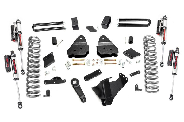 Give your 11-14 Ford Super Duty an impressive upgrade, front to back with Rough CountryΓÇÖs 4.5" Ford Suspension Lift Kit! This easy-to-install lift kit raises the front of your vehicle to be equal height with the rear for a leveled, better-than-stock look that gives an improved ride height and more aggressive appearance.\
This kit features a set of front, lifted coil springs allowing you gain additional ride height without sacrificing ride quality or performance. A set of sway bar drop brackets and track bar are provided to keep everything at optimum angles for a factory-like ride, even after lifting.\
A set of Rough Country's premium N3 shocks are also included. These fine tuned 10-stage variable high-pressure Nitrogen charged shocks offer a fantastic blend of off-road action and smooth highway ride quality. With a durable 18mm spring-loaded piston rod and faster-cooling 54mm shock body.\
Get the wheels you want! Rough Country's 4.5" 11-14 Ford Suspension Lift Kit comes with everything you need to fit up to a 35" tire with proper wheel backspacing.\
Best of all, Rough Country's 4.5ΓÇ¥ Ford Suspension Lift Kit is backed by our Lifetime Replacement Warranty!
