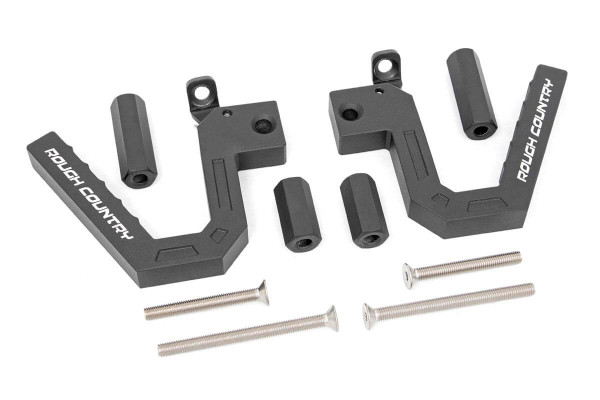 Gain easier access for getting in and out of your lifted Jeep JK with Rough Country's Aluminum Front and Rear Grab Handles. These heavy-duty grab handles are incredibly easy to install, and offer an easy way to climb into your cab with an interesting, unique look.Rough CountryΓÇÖs Aluminum Grab Handles feature a contemporary, geometric look that fits right in with the interior design elements of your Jeep. The built in grip makes it easier and more comfortable to climb into your cab, while the reinforced aluminum housing provides unrelenting strength and durability.These easy-to-install grab handles bolt right into existing mounting points on your Jeep JK, with no drilling or complicated modifications required. Simply swap out your existing bolts with the extended bolt and thread system included with this kit for an easy upgrade that takes no-time flat! No cutting or drilling is required to mount these handles, and the result is a tight, rigid connection that wonΓÇÖt budge as you lift yourself into the cab.Rough Country's Aluminum Grab Handles include a Lifetime Replacement Warranty!