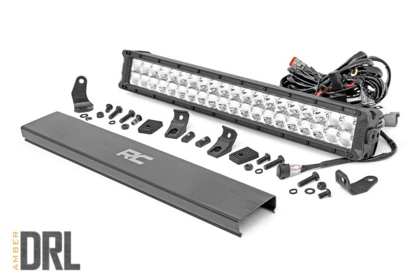 Command the Dark: Light up the night and stay on the trails longer with Rough Country's sleek 20-inch Dual Row CREE LED Light Bar. This powerful light bar offers 18,000 lumens of illumination and 200 watts of energy-efficient output, all housed in a stylish, modern frame. Featuring 40 high-intensity 5-watt CREE LEDs, it delivers superior brightness and durability for any adventure.The sleek chrome panel design complements vehicles with chrome accents, such as grilles, wheels, bull bars, or steps. Designed for all-weather performance, this light bar comes with a durable die-cast aluminum housing, ensuring maximum strength and heat dissipation. ItΓÇÖs also backed by an IP67 waterproof rating, providing reliable performance even in harsh conditions.This light bar contains 20 amber daytime running LEDs for enhanced visibility and safety. Installation is made simple with the included premium, flat-wound wiring harness, complete with an on/off switch for easy operation. The light bar also features Rough Country's Light Bar Noise Silencers, designed to eliminate unwanted hums, whistles, and wind noise typically found in mounted LED light bars.This light bar includes both end mounts and adjustable base mounts, offering multiple mounting options for maximum versatility. A snap-on cover protects the lens, while Moisture Breather technology reduces moisture build-up inside the light. Plus, itΓÇÖs all backed by a 3-year warranty for peace of mind.