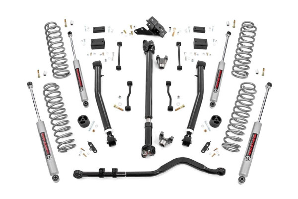 When it comes to your four-door Jeep JL, we know you need a lift that won't let you down. Our 3.5 Inch Lift Kit delivers legendary off-road prowess and smooth on-road handling.Increased Ground Clearance: Get ready to conquer those rocky trails and rough terrains like a boss! Our lift kit gives your Jeep Wrangler the extra inches it needs to clear obstacles with ease.Front-to-Rear Leveling: Tired of that nose-down stance? Ditch the unbalanced Jeep life with our leveling kit. We bring symmetry to your ride, lifting the front to match the rear, giving you a smooth and steady journey.Tuned Coil Springs for Superior Performance: Your Jeep's handling and ride quality matter, and we get that. Our coil springs come dialed in with OEM spring rates, delivering top-notch handling and a plush ride. Our linear coil rate springs take it up a notch, ensuring impeccable handling and stability, even when the terrain gets wild.Additional Tire Clearance: Who doesn't want bigger, beefier tires? Our lift kit makes room for larger tires (up to 35 inches), giving your Jeep a more aggressive look that will turn heads on and off the road!Heavy-Duty Track Bar: Our included track bar is an absolute beast, constructed from forged solid steel for unparalleled strength and durability. With its massive 1.25-inch outside diameter and rugged OEM-style rubber bushings, it's built to handle anything the off-road throws its way.Durable CV Driveshaft: The factory shaft does not have adequate clearance once lifted and will cause damage to the Rzeppa joint if the driveshaft spins while the suspension is fully flexed or articulated. Rough Country's extended Front CV Driveshaft eliminates this issue allowing you to flex your suspension with more peace of mind!Easy Installation: We know you'd rather be off-roading than in the garage all day. That's why our lift kit is designed for easy installation, so you can hit the trails in no time.