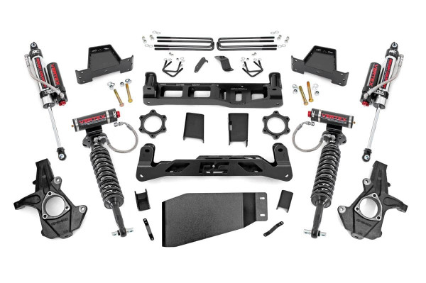 Go Big with Confidence: Rough Country's 7.5-inch Suspension Lift Kit for your Chevy Silverado 1500/GMC Sierra 1500 delivers towering ride height, aggressive stance, and the clearance to run 35-inch tires all while using your factory 20-inch wheels. No wheel upgrades needed to dominate the trails.Clean, Level Stance from Front to Rear: Say goodbye to factory rake. This lift kit achieves a balanced, level profile that looks just as tough as it performs, giving your truck a commanding presence on and off the road.Engineered for Ground-Clearing Performance: Our signature high-clearance crossmembers feature a low-profile design with the iconic "RC" logo, giving you maximum ground clearance and trail-readiness. A heavy-duty lower skid plate and precision-engineered sway-bar and differential drop brackets further enhance durability and protection.Install Made Easy No Cutting Required: Designed with convenience in mind, this kit requires zero drivetrain, exhaust, or differential modifications. Even better, there's no need to disassemble your struts making installation faster and smoother than traditional lift systems.Durability You Can Depend On: All components are precision laser-cut using advanced CAD technology, ensuring an exact fit and rock-solid durability. The included rear 6.5-inch heavy-duty fabricated lift blocks are stronger and more reliable than standard cast options and feature anti-wrap technology to preserve your factory ride quality.Customize Your Ride: This kit is fully compatible with your choice of Rough Country shock and strut options from our value-packed, nitrogen-charged N3s to the high-performance Vertex reservoir series. Get the ride feel and performance that matches your driving style.
