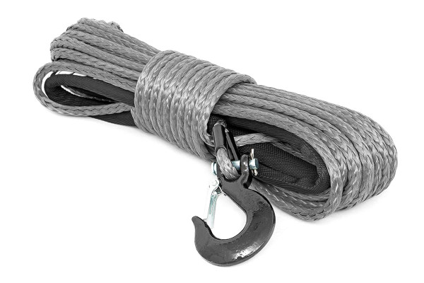 Replace your worn out line with Rough Country's super-durable Synthetic Winch Rope! This 3/8in replacement rope is 85 feet long and rated for up to 16,000lbs of recovery power!  Synthetic ropes yield a far greater strength to weight ratio than steel ropes, making them more durable and reliable in recovery scenarios. When steel ropes fray they can produce sharp, painful barbs, a symptom that is not possible with synthetic rope lines. Plus, synthetic ropes do not store energy under stress like steel ropes do, making the safer to operate in the event of breakage.