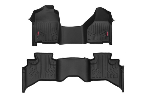 Keep your carpet in pristine condition with Rough Country's Floor Armor: Heavy Duty Floor Mats and Rear Cargo Liners. These eco-friendly, semi-flexible floor mats are made of an ultra-durable Polyethylene that offers a strong, rigid shape that's incredibly easy to clean.\
Where simple rubber floor mats fail, Rough Country's line of Floor Armor is guaranteed for life and will never crack, split, or break-down over time. The high-quality design extends the lifespan of your carpets and the raised-lip design ensures your interior will always be protected from mud, moisture, and more.\
These contoured floor mats are laser-measured for each make and model; designed to be a precise fit that grips the carpet and stays put. An aggressive looking textured surface gives your muddy shoes plenty of traction and looks great inside the vehicle.\
No matter what you track in, Rough Country Floor Armor is incredibly easy to clean. Just pop them out of the floorboards and rinse away the dirt! Includes Rough Country's Lifetime Replacement Warranty.