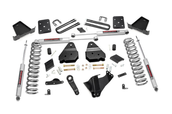 Give your 15-16 Ford Super Duty an impressive upgrade, front to back with Rough CountryΓÇÖs 4.5" Ford Suspension Lift Kit! This easy-to-install lift kit raises the front of your vehicle to be equal height with the rear for a leveled, better-than-stock look that gives an improved ride height and more aggressive appearance.\
This kit features a set of front, lifted coil springs allowing you gain additional ride height without sacrificing ride quality or performance. A set of sway bar drop brackets and track bar are provided to keep everything at optimum angles for a factory-like ride, even after lifting.\
A set of Rough Country's premium N3 shocks are also included. These fine tuned 10-stage variable high-pressure Nitrogen charged shocks offer a fantastic blend of off-road action and smooth highway ride quality. With a durable 18mm spring-loaded piston rod and faster-cooling 54mm shock body.\
Get the wheels you want! Rough Country's 4.5" 15-16 Ford Suspension Lift Kit comes with everything you need to fit up to a 35" tire with proper wheel backspacing.\
Best of all, Rough Country's 4.5ΓÇ¥ Ford Suspension Lift Kit is backed by our Lifetime Replacement Warranty!